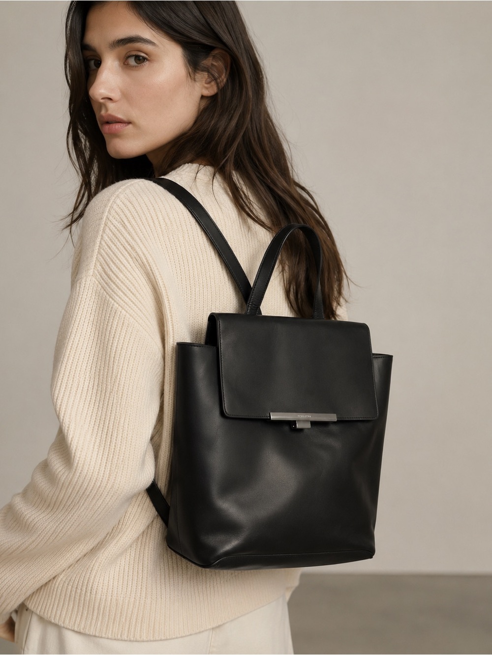 Lancaster Black Genuine Leather Women's Backpack - Minimal Design, France